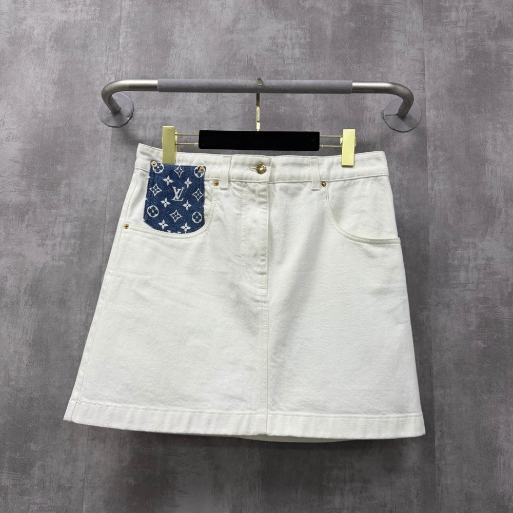 Authentic Louis Vuitton White Skirt with Blue Monogram Pocket